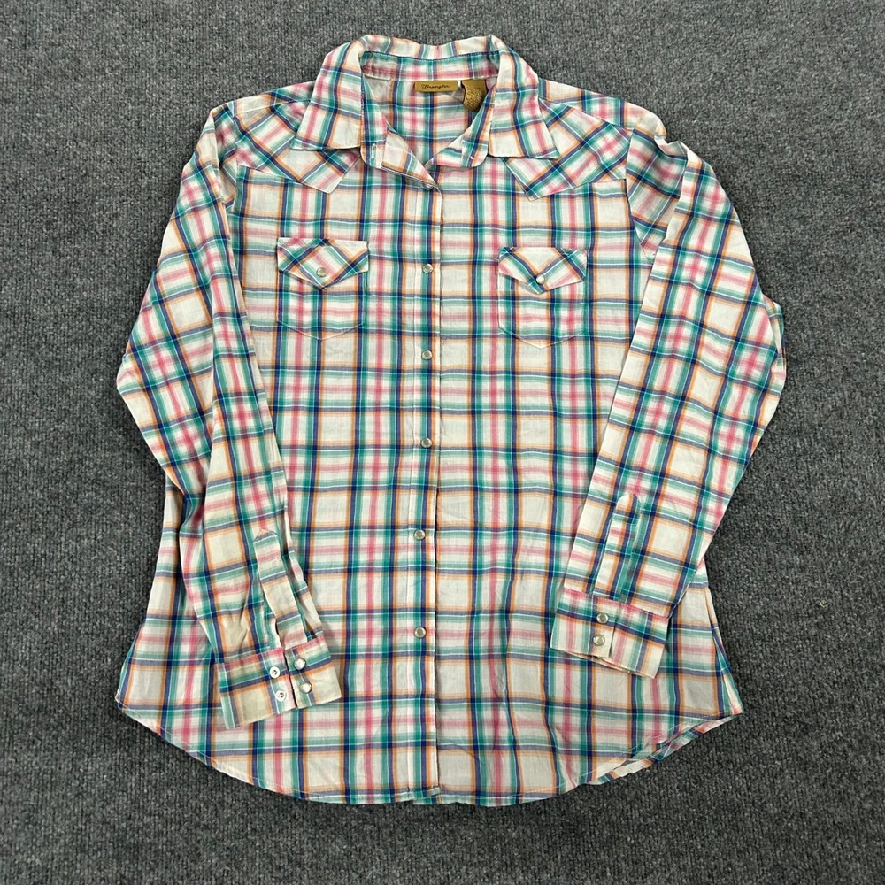 Wrangler Western Shirt Womens Size L Pink Blue Plaid Pearl Snap Long Sleeve